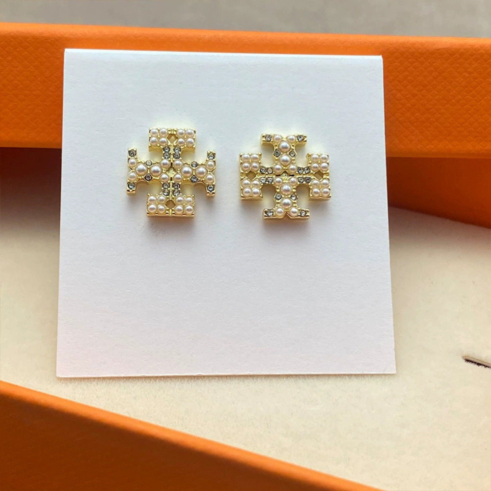 Tory Burch Gold Plated Double Micro Pave Cross Stud Earrings - Picture 6 of 7